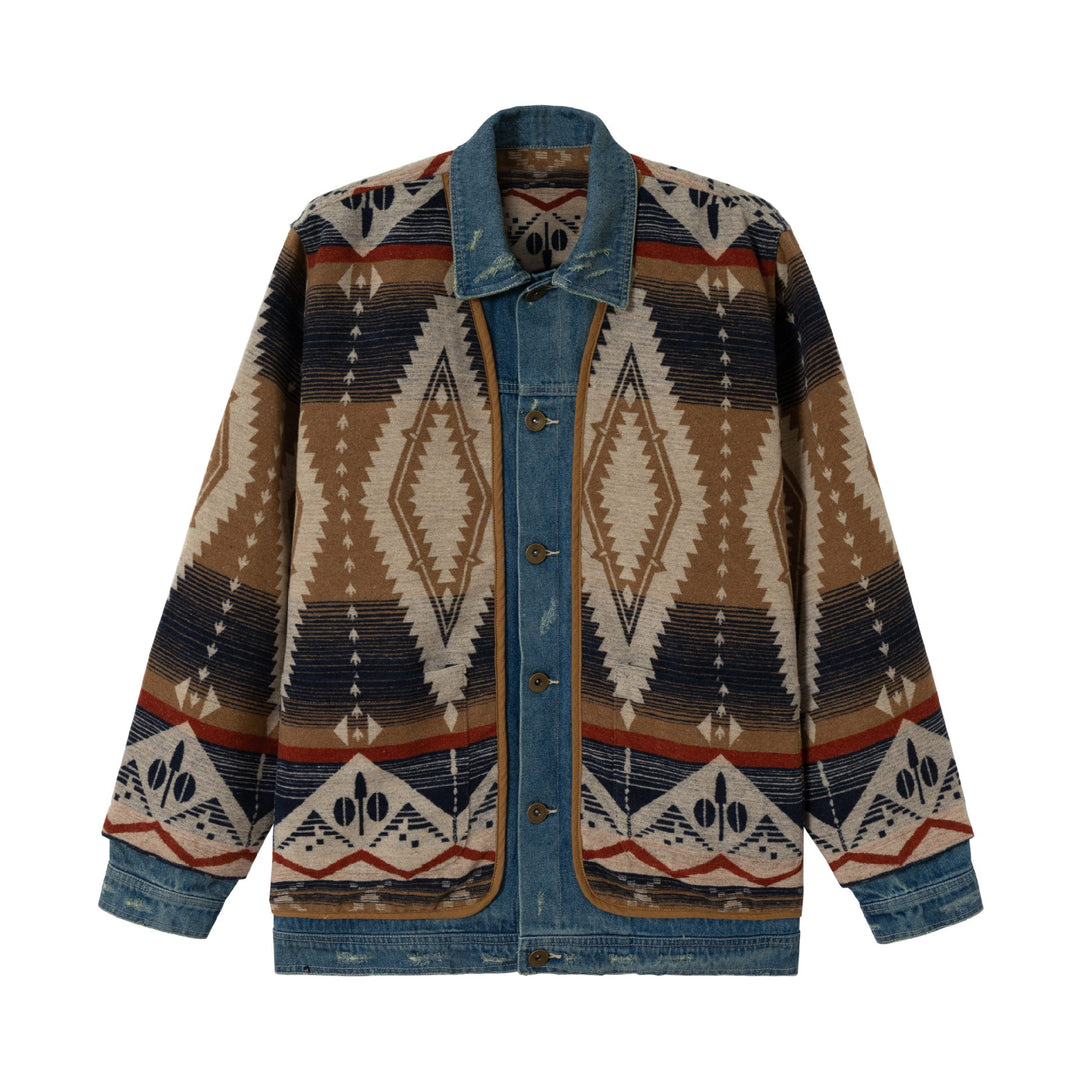 Unisex Short Woven Aztec Cardigan with Denim Trim Mune Fashion