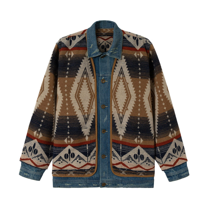 Unisex Short Woven Aztec Cardigan with Denim Trim Mune Fashion