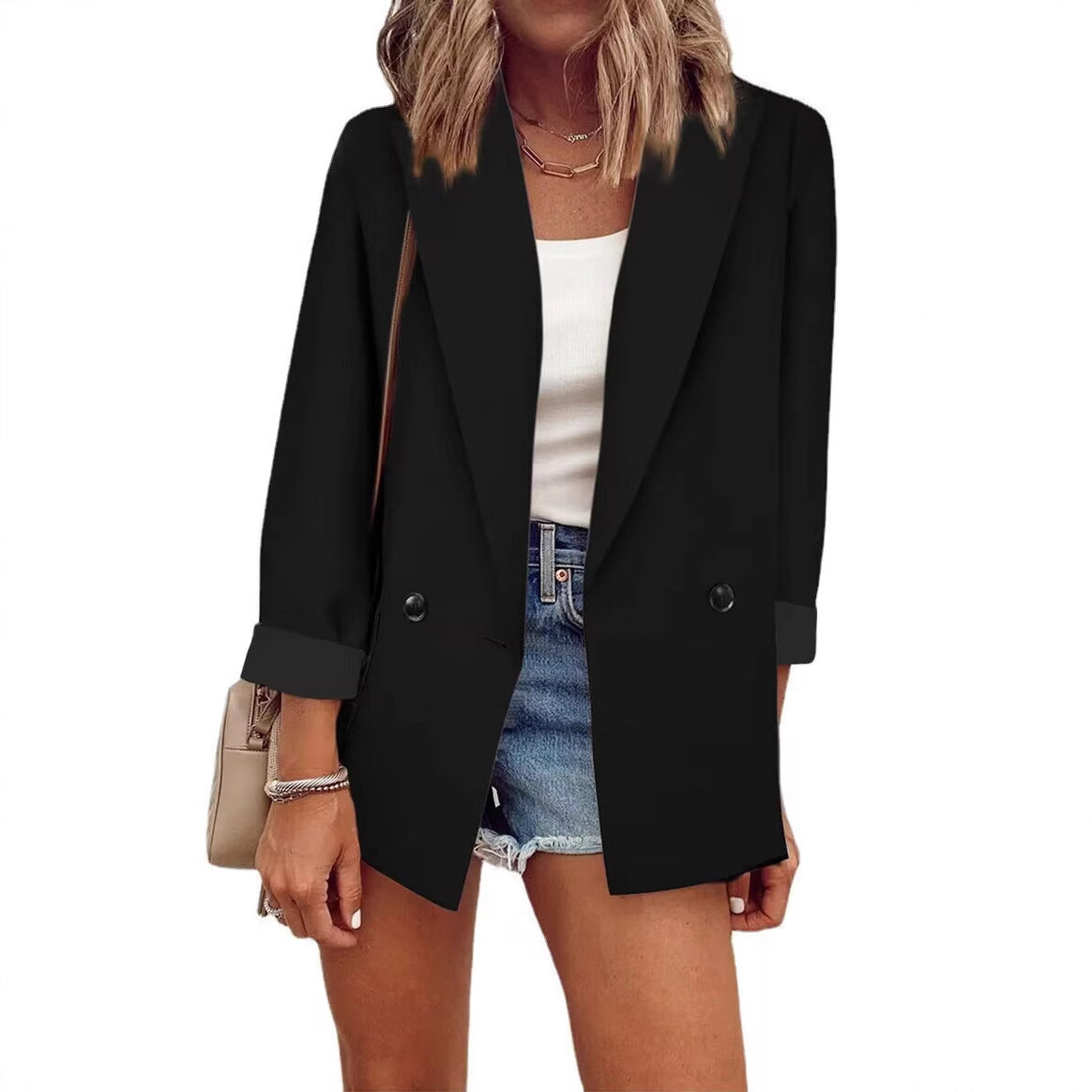 Women's Loose Longline Blazer with Rolled-Up Sleeves and Double-Breasted Button Placket Mune Fashion