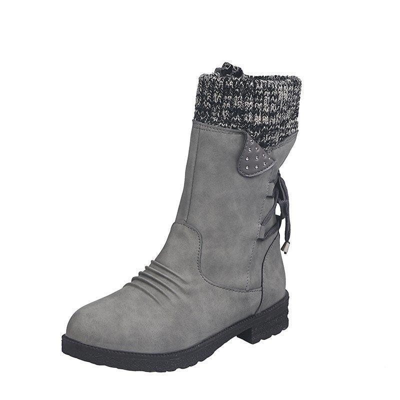 Women's Mid-Cut Boots with Knit Cuff, Decorative Cord and Velour Look Mune Fashion
