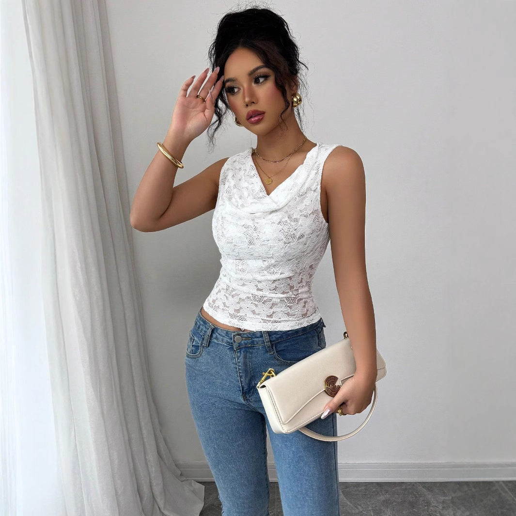 Ladies lace top with waterfall neckline and figure-hugging waistline Mune Fashion