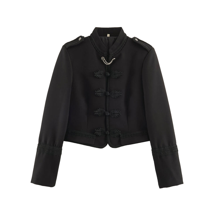Ladies short military-style jacket with mandarin collar, decorative knot, and epaulettes Drune