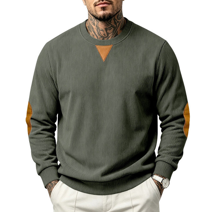 Men's Ribbed Sweatshirt with Leather Look Elbow Patches and Triangle Applique Mune Fashion
