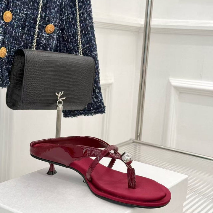 Ladies Elegant Mule Sandal with Toe Ring, Filigree Straps and Sculpted Kitten Heel Mune Fashion