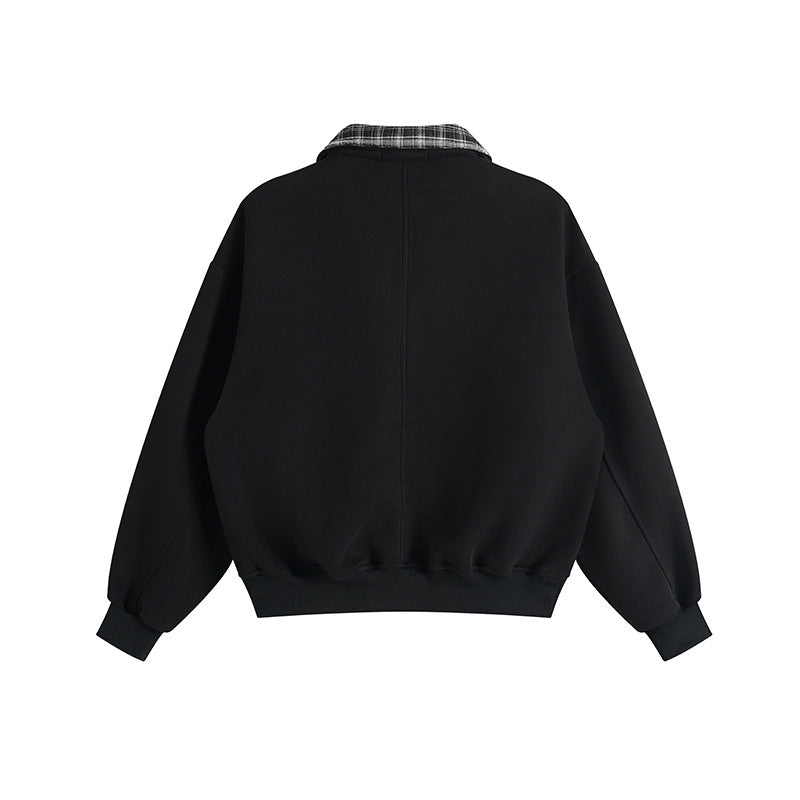 Unisex layered look sweatshirt with sewn-in check collar and side pocket openings Mune Fashion