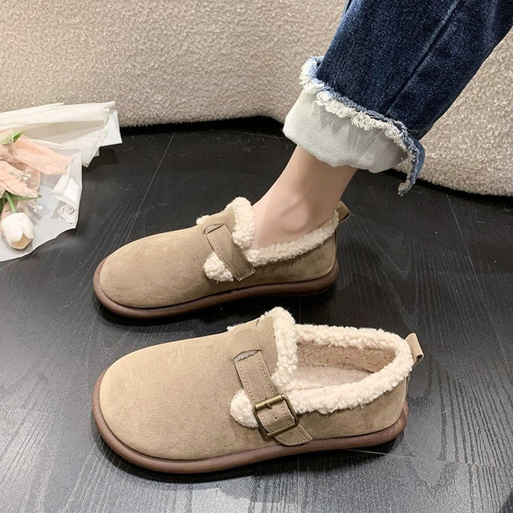 Women's Fleece Lined Velour Imitation Slippers with Adjustable Buckle Strap Mune Fashion