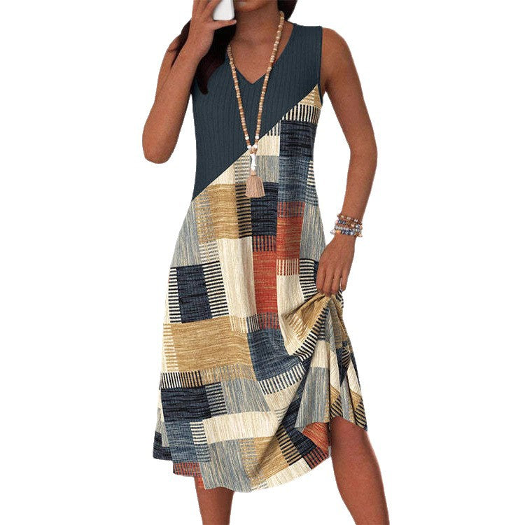 Ladies' sleeveless V-neck midi dress with diagonal patchwork pattern and ribbed top Mune Fashion