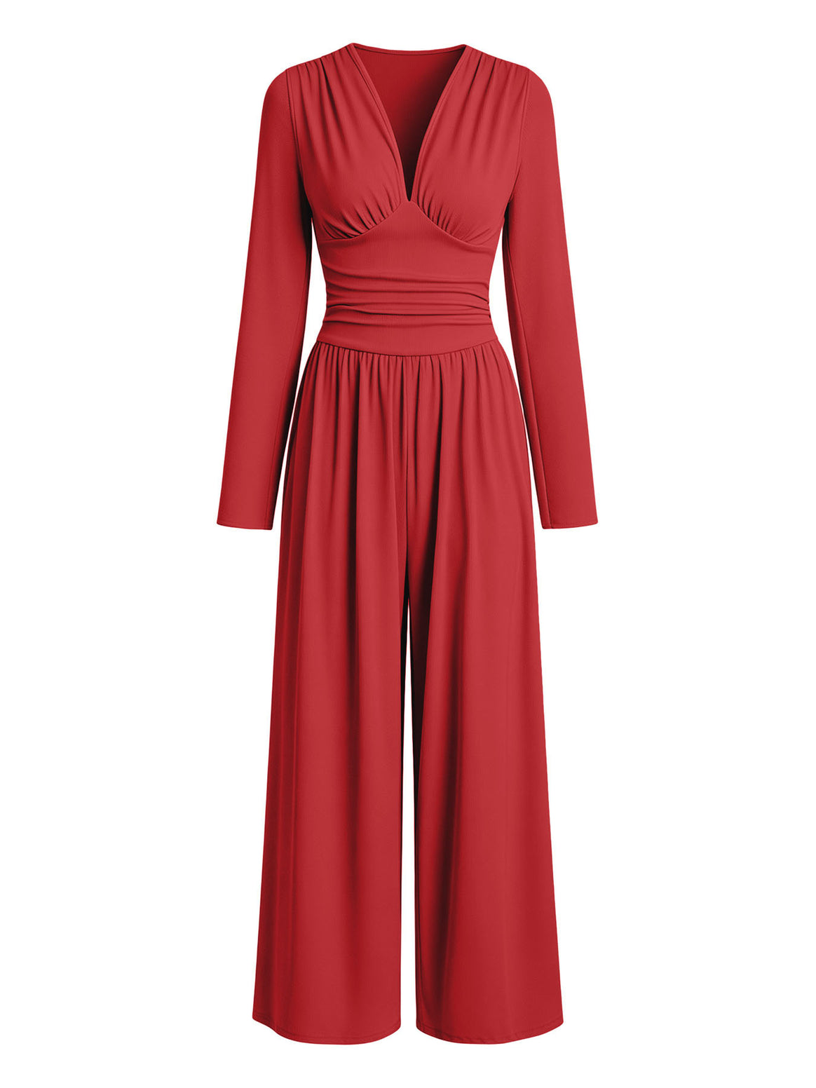 Ladies Elegant V-Neck Jumpsuit with Fitted Wrap Waist and Wide Leg Mune Fashion