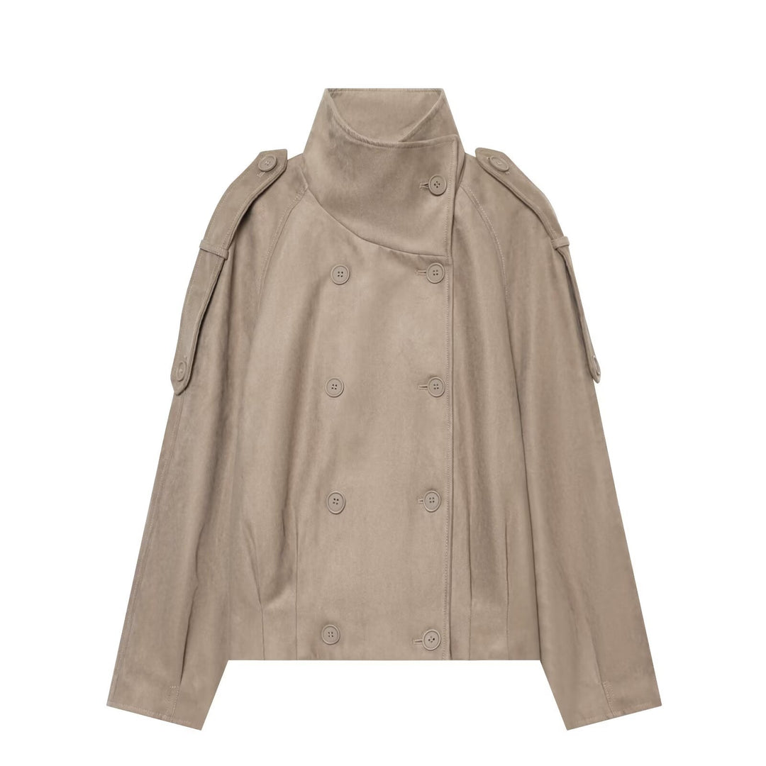 Women's Cropped Cape Trench Coat in Velvet Look with High Standing Collar, Epaulettes, and Double-Breasted Button Placket Mune Fashion