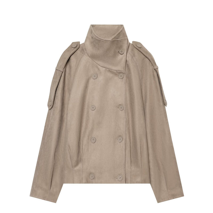 Women's Cropped Cape Trench Coat in Velvet Look with High Standing Collar, Epaulettes, and Double-Breasted Button Placket Mune Fashion