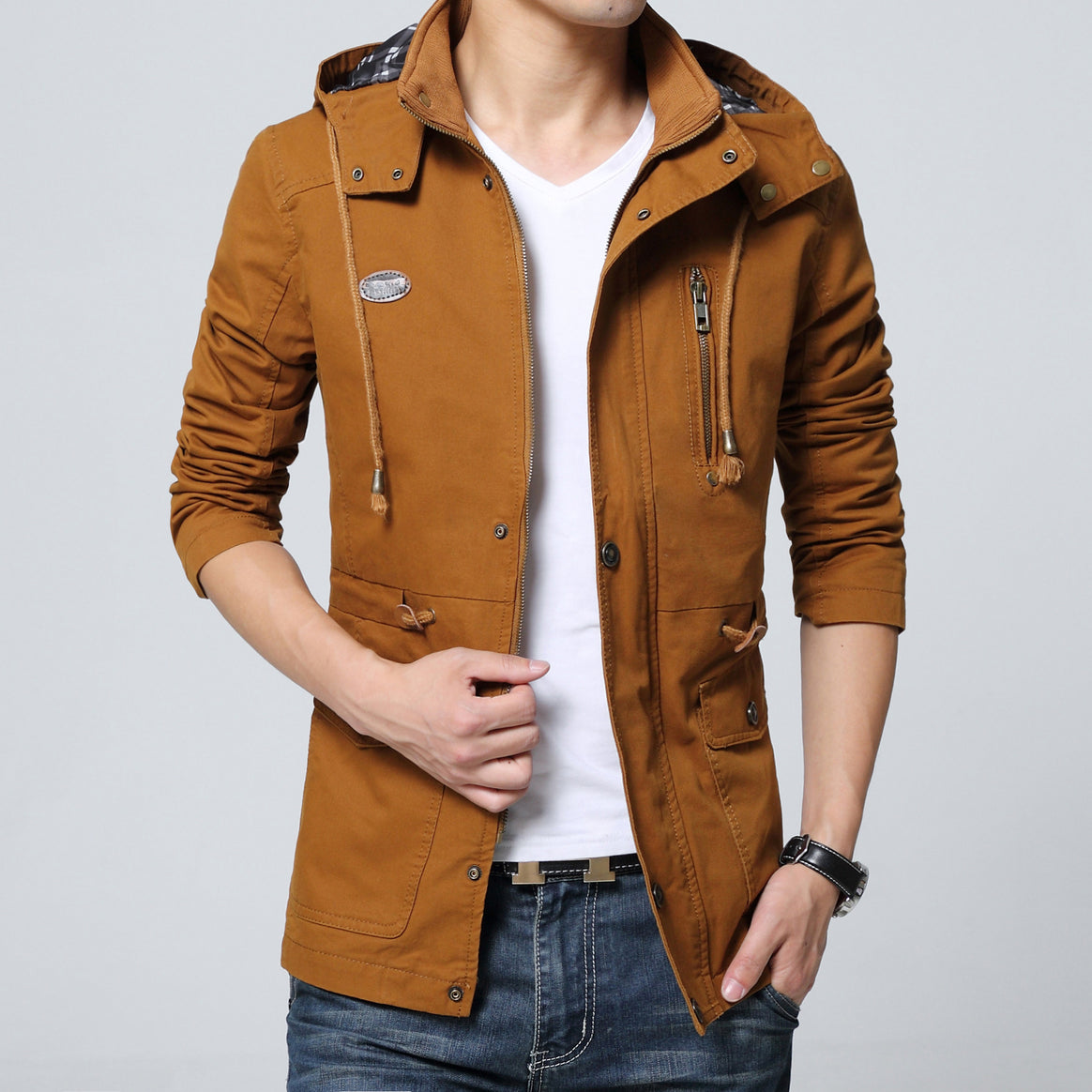 Men's lightweight cotton military parka with hood, drawstring waist, and concealed zipper Mune Fashion