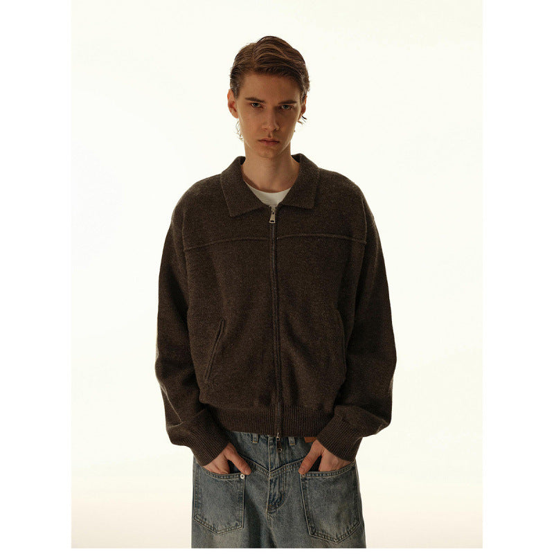 Men's knitted zip jacket with shirt collar, ribbed cuffs, and concealed side pockets Mune Fashion