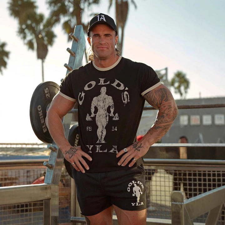 Men's Vintage Training Shirt with Crew Neck Contrast Cuffs and Retro Bodybuilding Print Mune Fashion