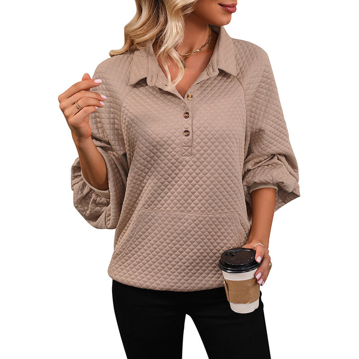 Women's Quilted Polo Sweatshirt with Button Placket, Kangaroo Pocket and Balloon Sleeves Mune Fashion