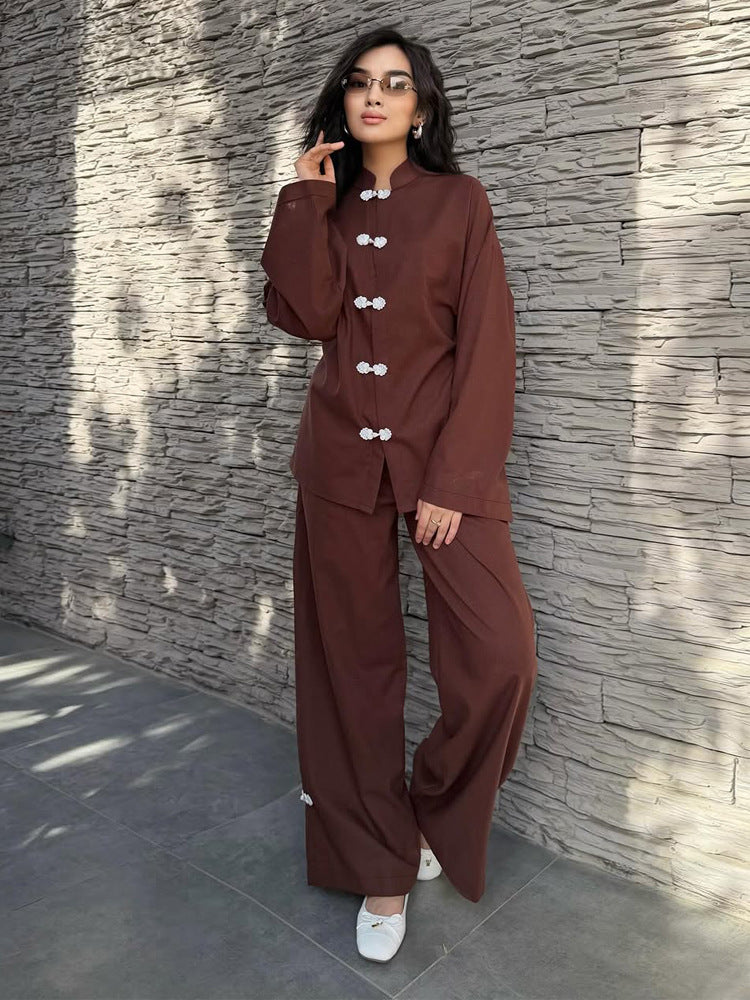 Women's loosely cut linen jacket with mandarin collar and frog closures Mune Fashion