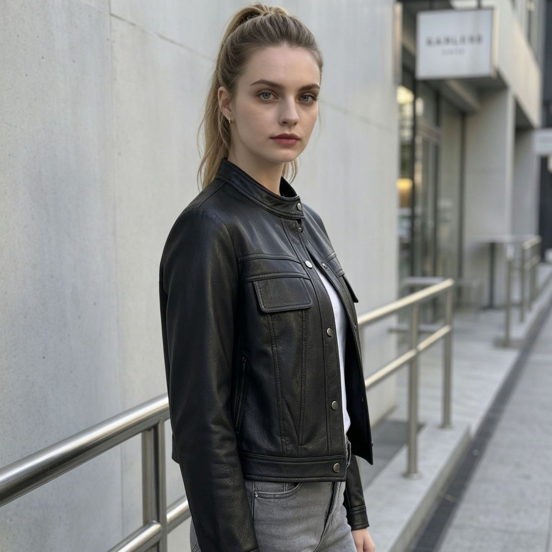 Women's Short Cut Leather Jacket with Stand-Up Collar and Flap Pockets Mune Fashion