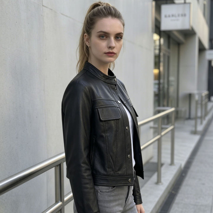 Women's Short Cut Leather Jacket with Stand-Up Collar and Flap Pockets Mune Fashion