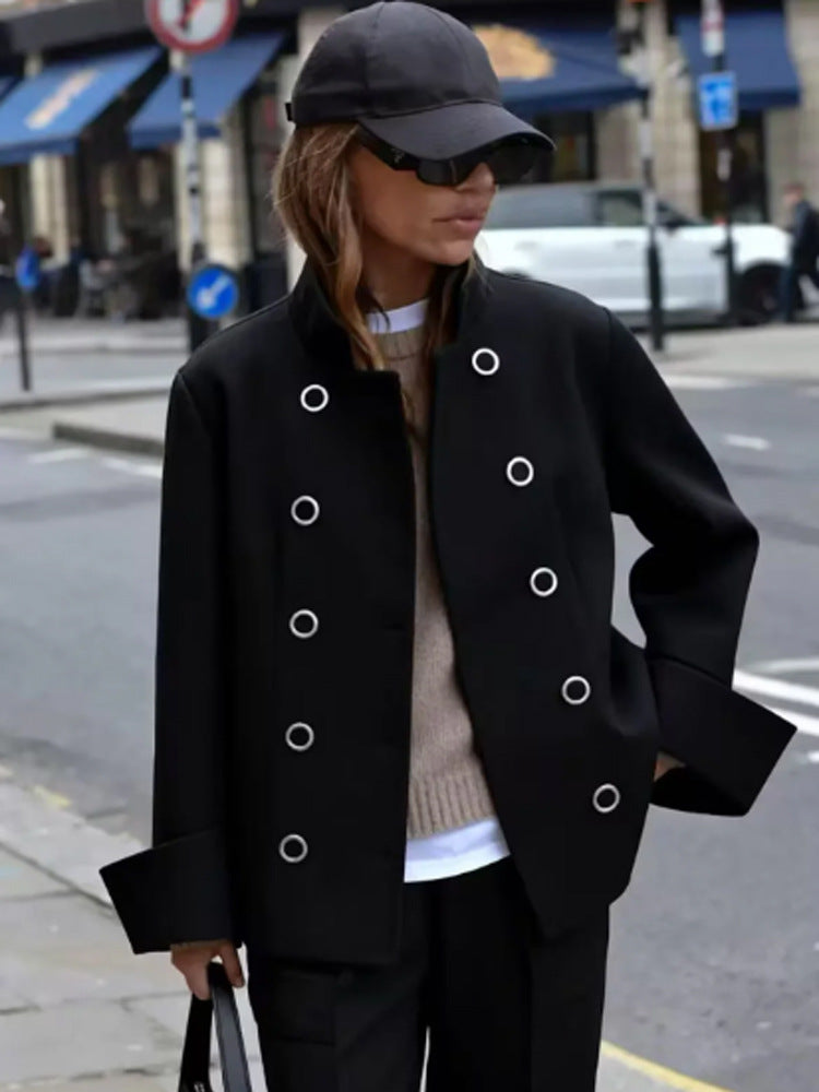 Women Short Cut Double Breasted Jacket with Stand-Up Collar, Eyelet Detail and Wide Cuffs Mune Fashion
