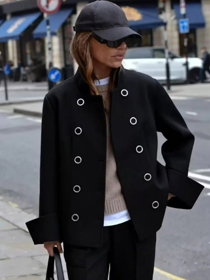 Women Short Cut Double Breasted Jacket with Stand-Up Collar, Eyelet Detail and Wide Cuffs Mune Fashion