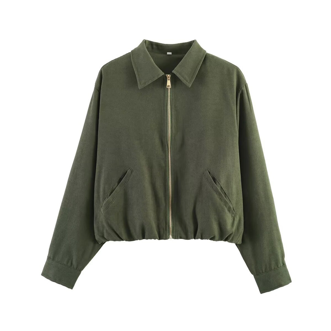 Ladies short cropped bomber jacket with zipper, shirt collar and elastic hem Mune Fashion