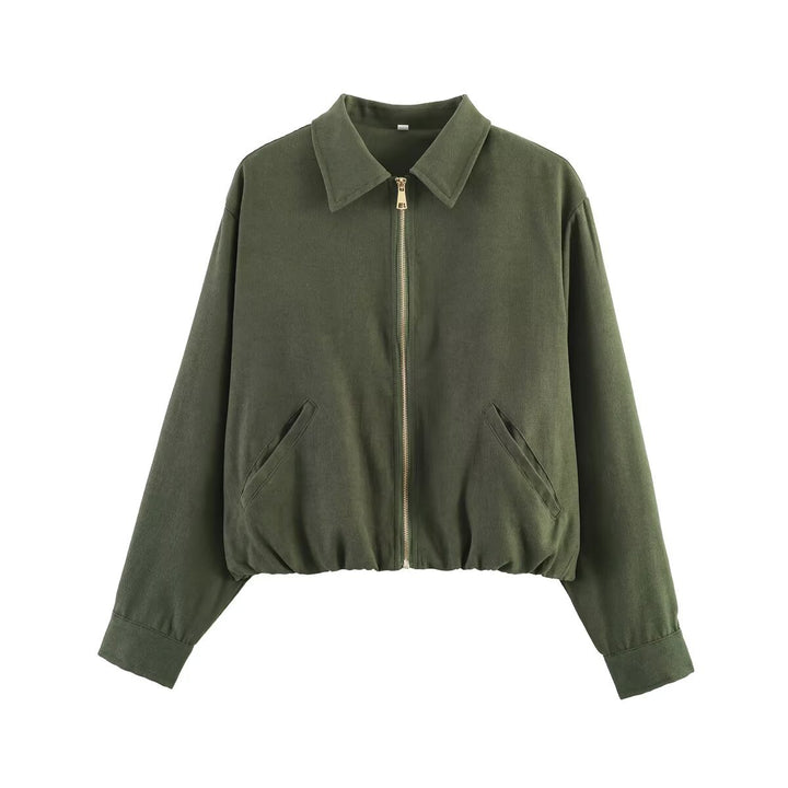 Ladies short cropped bomber jacket with zipper, shirt collar and elastic hem Mune Fashion