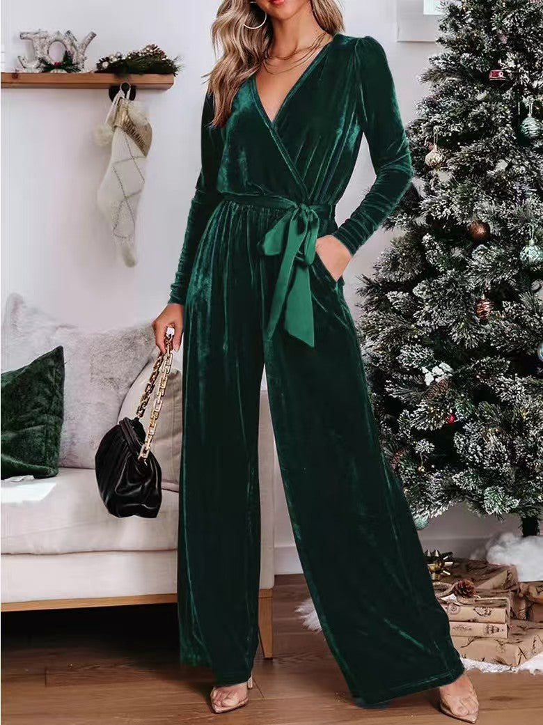 Women's Velvet Jumpsuit with Wrap V-Neck, Wide Leg and Waist Belt Drune