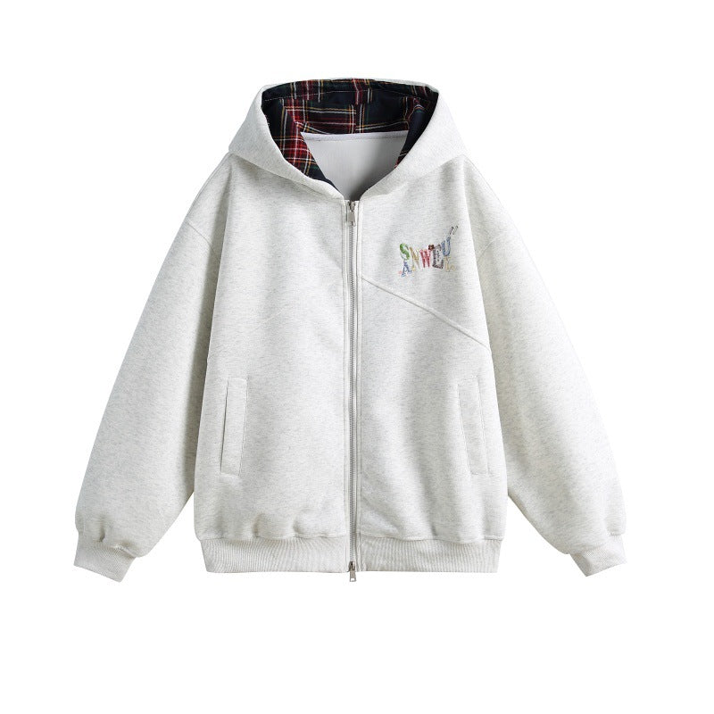 Women's hooded sweatshirt jacket in boxy cut with checked lined hood and subtle embroidery Mune Fashion