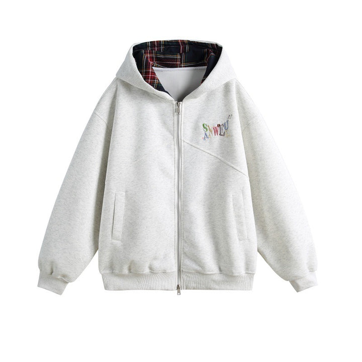 Women's hooded sweatshirt jacket in boxy cut with checked lined hood and subtle embroidery Mune Fashion