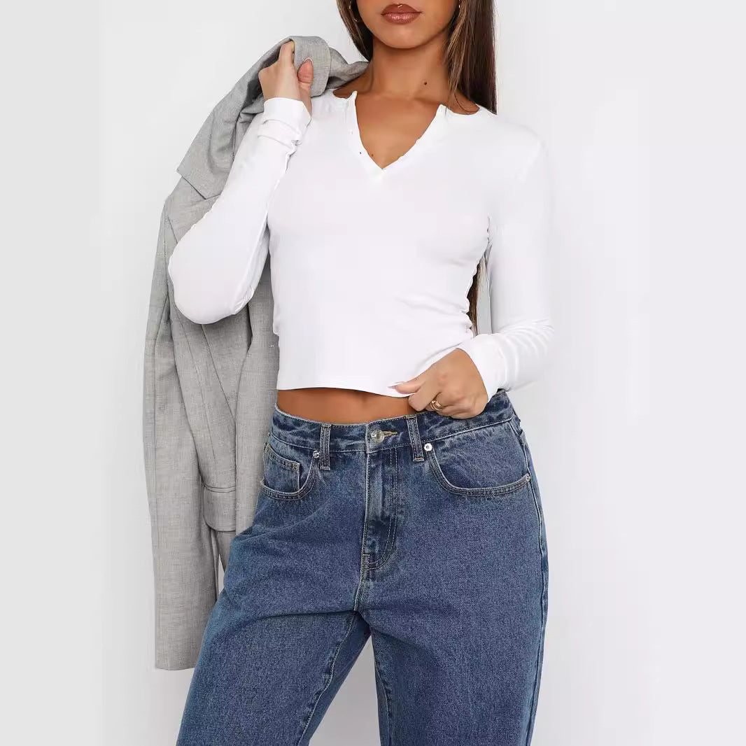 Women Ribbed Long Sleeve Henley Cropped Shirt Mune Fashion
