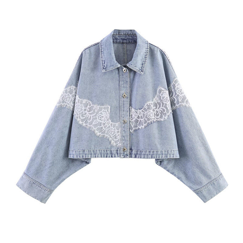 Women cropped denim jacket with lace trim and dropped shoulder Mune Fashion