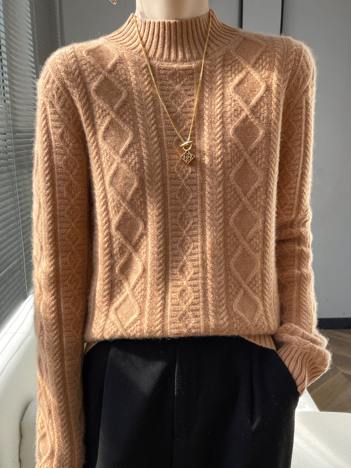 Women Cozy Mohair-Optic Mock Neck Sweater with Diamond Cable Structure and Boxy Silhouette Mune Fashion