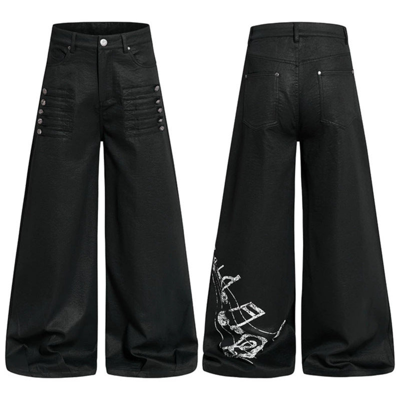 Women's wide high-cut palazzo pants with coated leather look, extra wide leg and statement print Mune Fashion