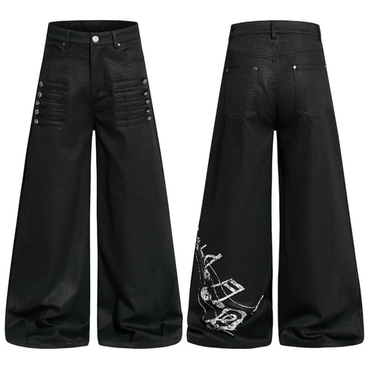 Women's wide high-cut palazzo pants with coated leather look, extra wide leg and statement print Mune Fashion