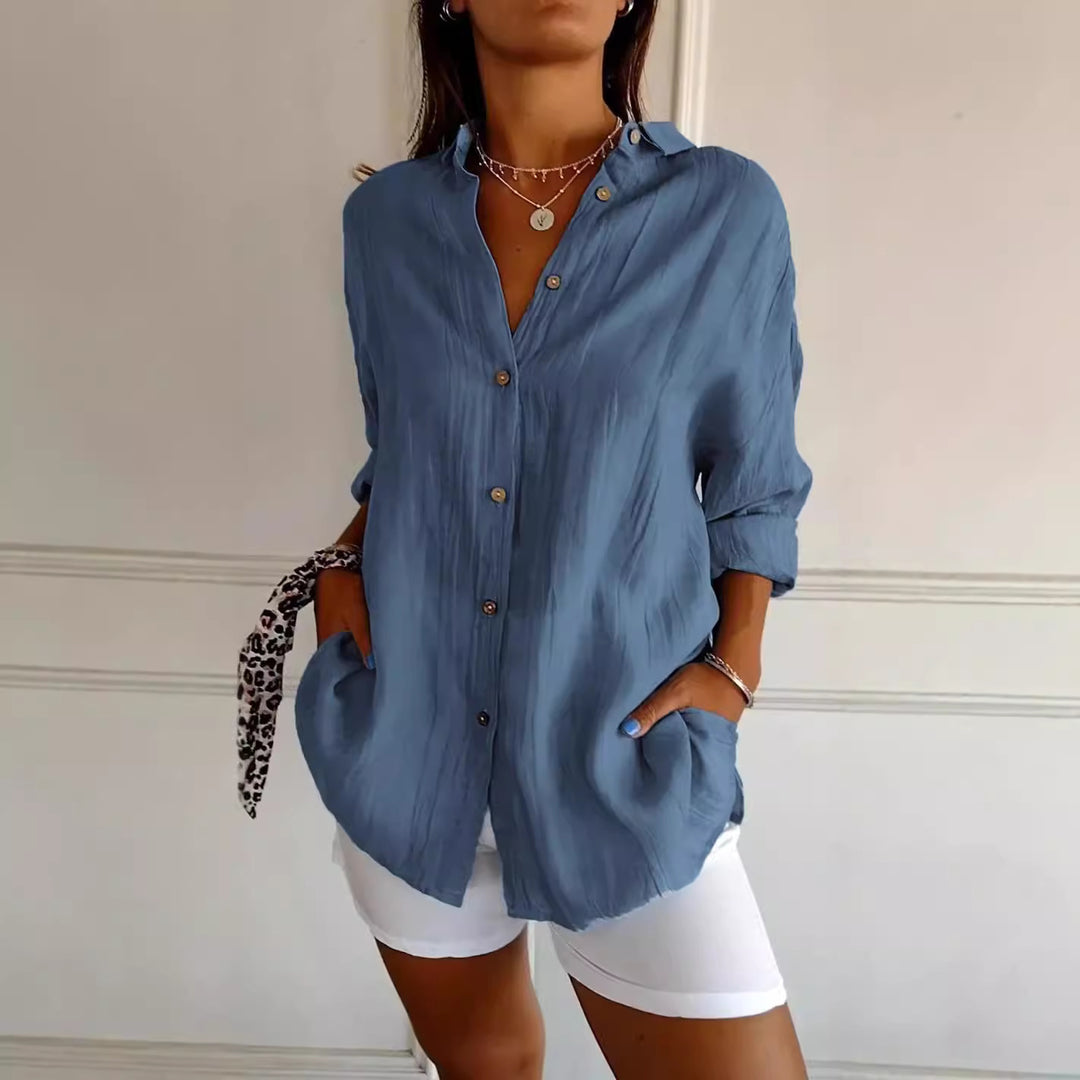 Women's Loose Crinkle Shirt with Pockets and Rolled-Up Sleeves Mune Fashion