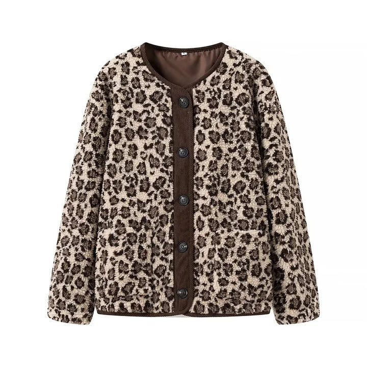 Women's teddy jacket with leopard print button closure and cord trim Mune Fashion
