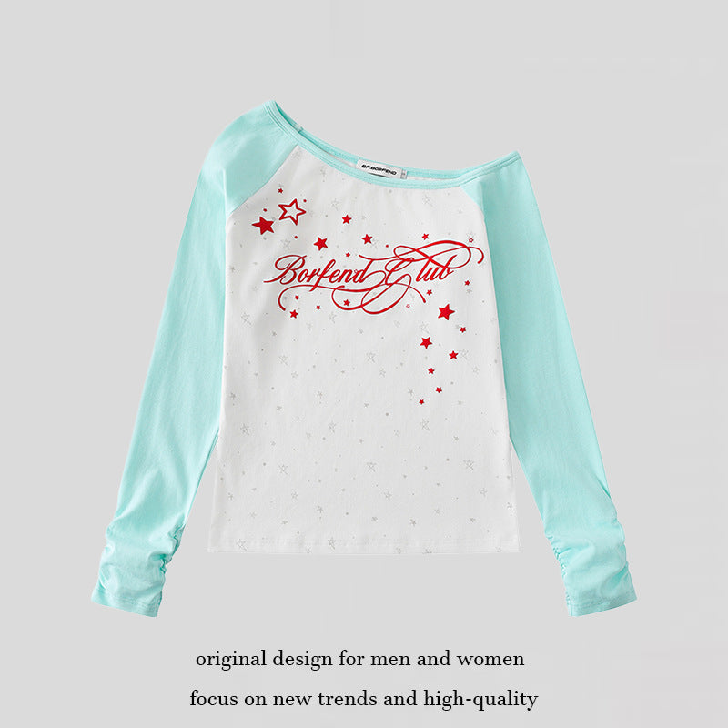 Women's raglan long-sleeve shirt with boat neck, star print, and gathered sleeves Mune Fashion