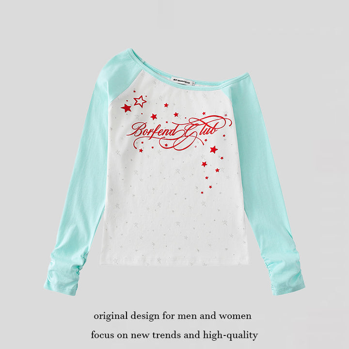 Women's raglan long-sleeve shirt with boat neck, star print, and gathered sleeves Mune Fashion