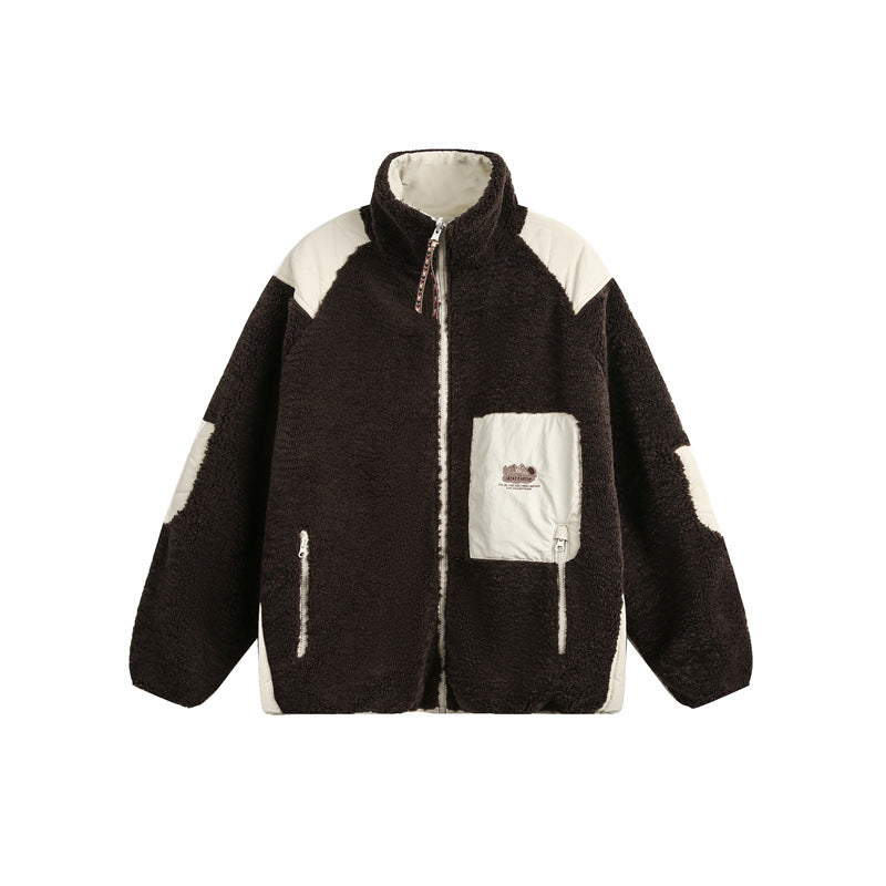 Unisex Oversize Teddy Fleece Jacket with Contrast Nylon Inserts and Stand-Up Collar Mune Fashion