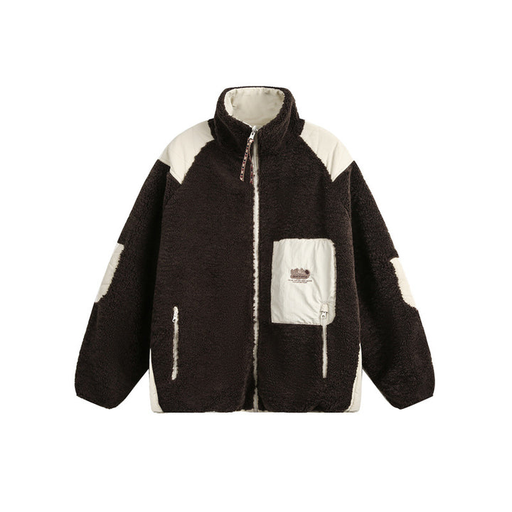Unisex Oversize Teddy Fleece Jacket with Contrast Nylon Inserts and Stand-Up Collar Mune Fashion
