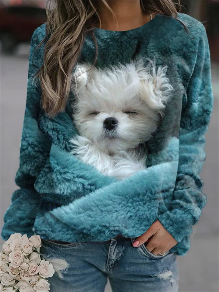 Women Cozy Oversized Fleece Pullover with Large Puppy Photo Print Mune Fashion