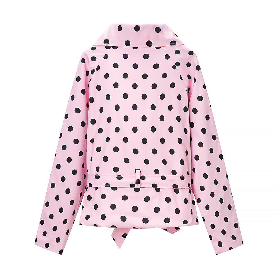 Women's short trench coat in polka dot pattern, double-breasted with belted waist Mune Fashion