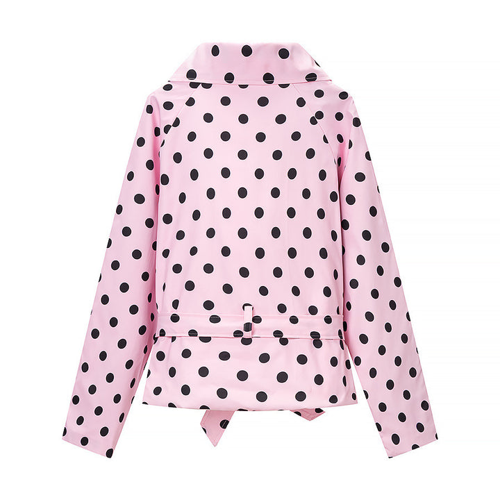 Women's short trench coat in polka dot pattern, double-breasted with belted waist Mune Fashion