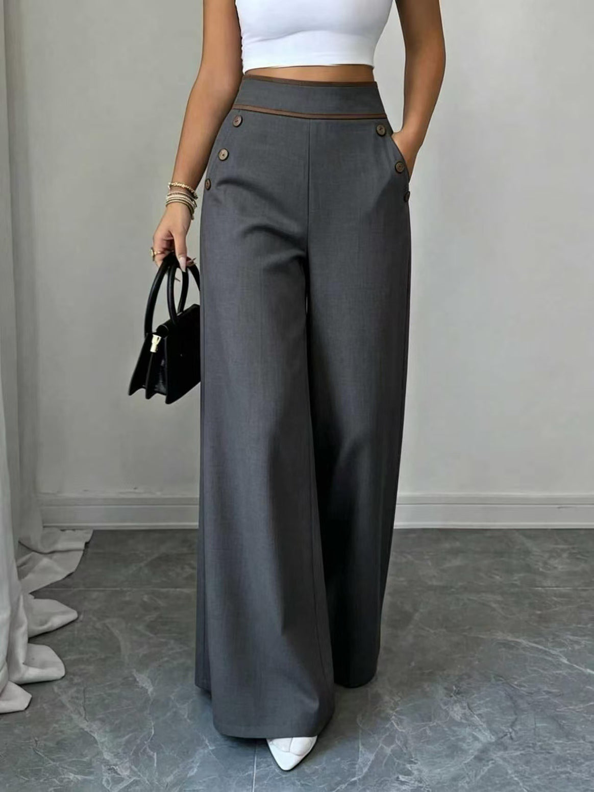 Women's High-Waisted Palazzo Pants with Decorative Buttons and Wide Legs Mune Fashion