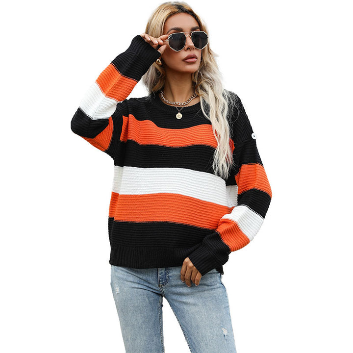 Women Comfortable Knitted Sweater with Distinctive Block Stripes Mune Fashion