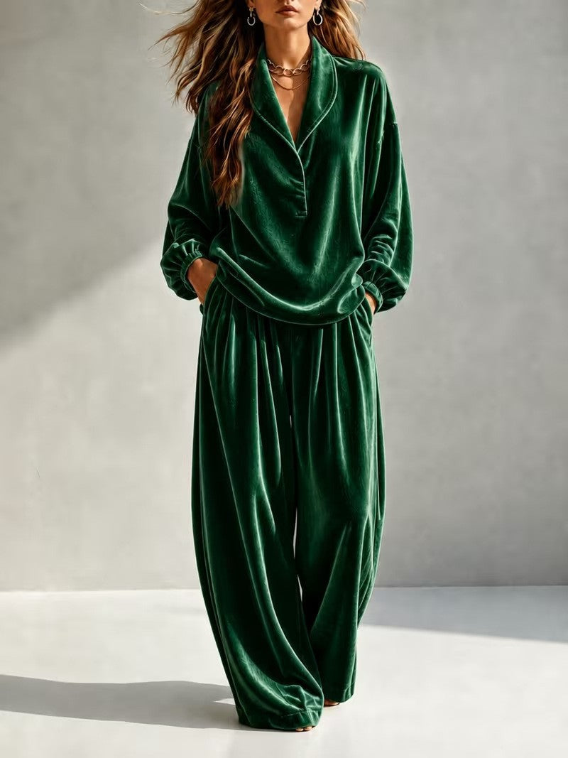 Women's Luxurious Velour Loungewear Set with Shawl Collar and Wide Palazzo Pants Mune Fashion
