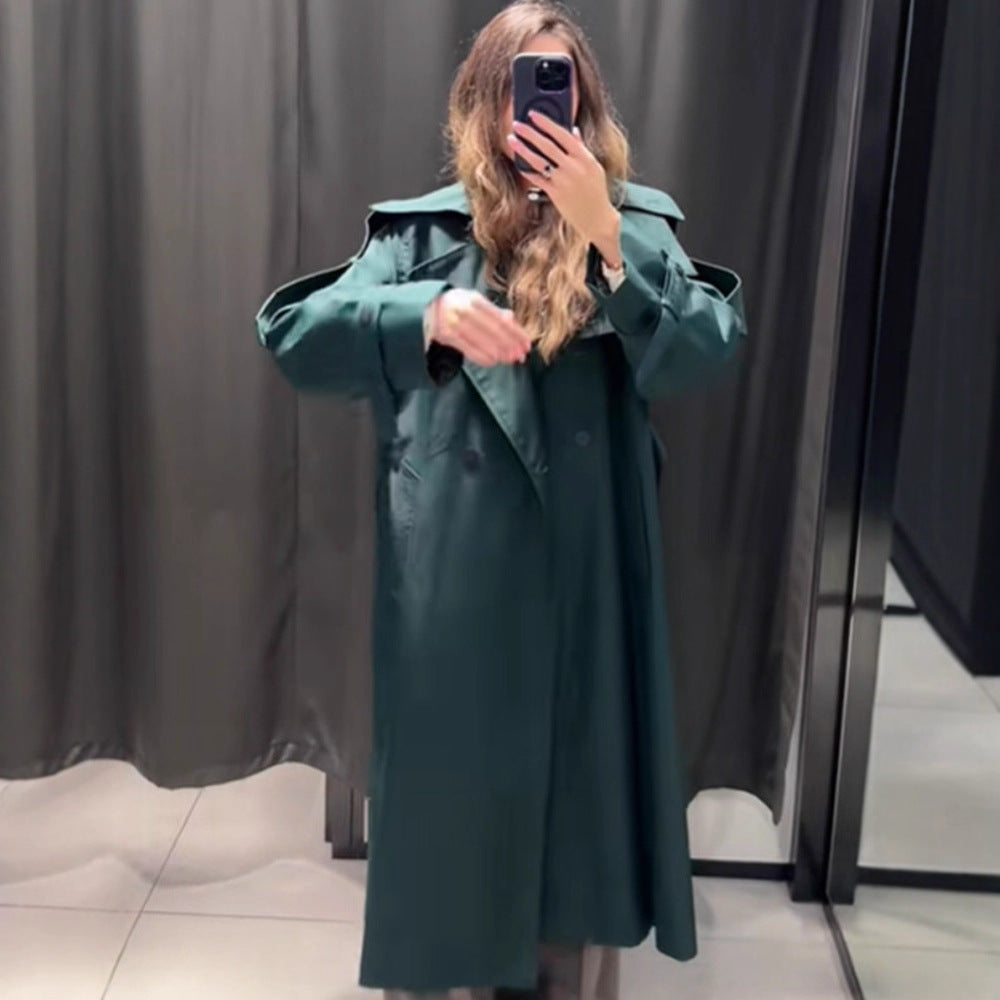 Women Long Water-Repellent Trench Coat with Waist Belt and High Stand Collar Mune Fashion