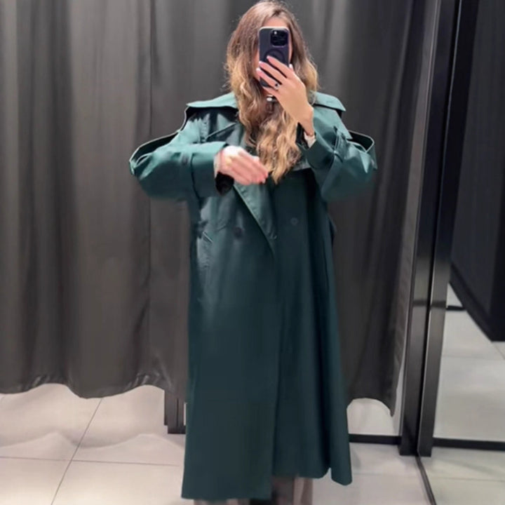Women Long Water-Repellent Trench Coat with Waist Belt and High Stand Collar Mune Fashion