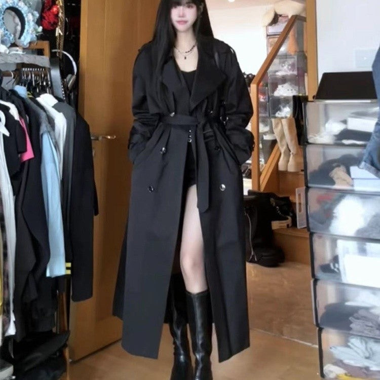 Women Long Double-Breasted Trench Coat with Shawl Collar, Oversized Cut and Concealed Waistband Mune Fashion