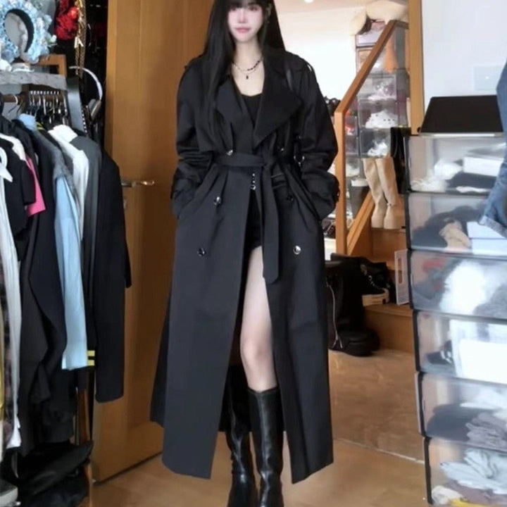 Women Long Double-Breasted Trench Coat with Shawl Collar, Oversized Cut and Concealed Waistband Mune Fashion