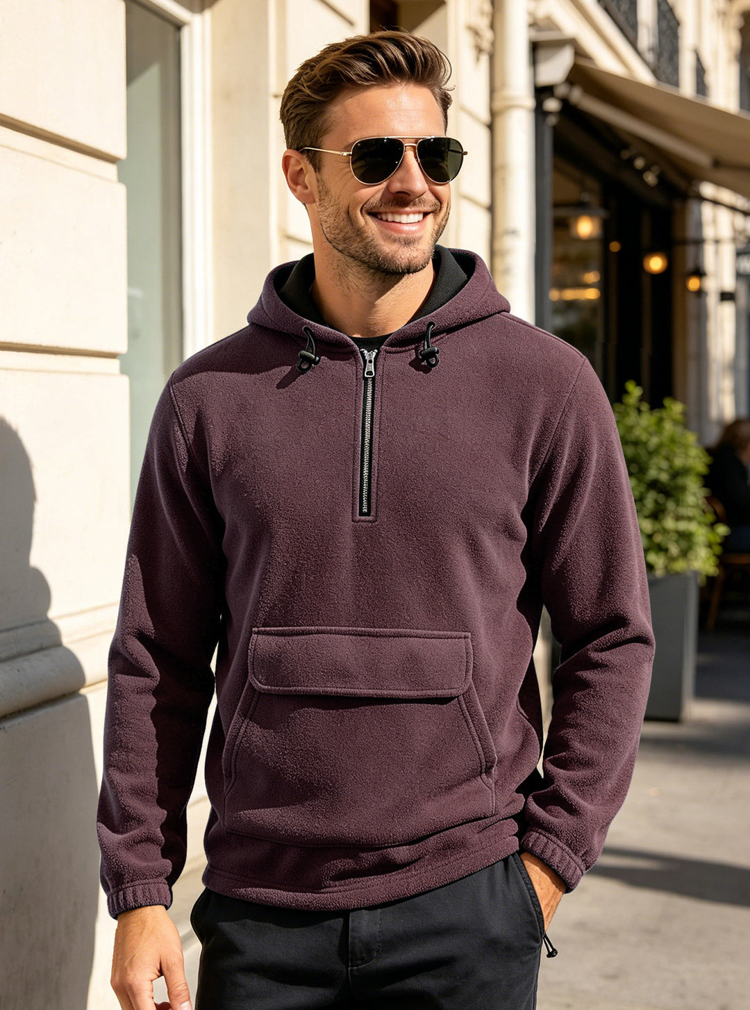 Men's fleece hoodie with half zipper, kangaroo pocket, and adjustable hood Mune Fashion